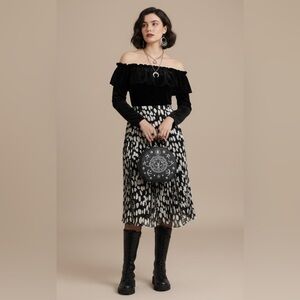 Dalmatian Print Pleated Skirt Dark Academia Asymmetric Hem Midi Fall Medium